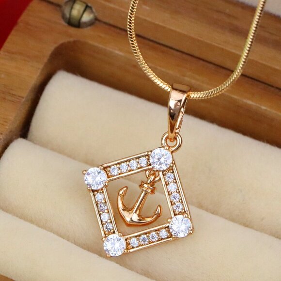 "Rose Gold Anchor Pendant with Square CZ Frame for Nautical Elegance, XPPT1555 - Picture 1 of 12